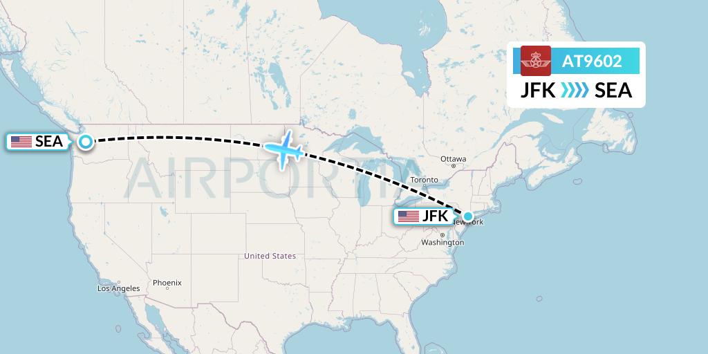 AT9602 Royal Air Maroc Flight Map: New York to Seattle