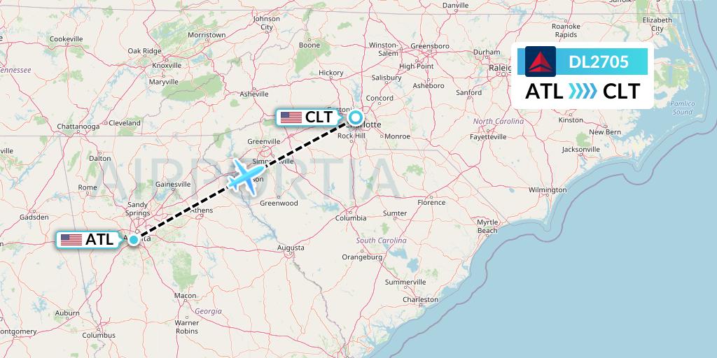 DL2705 Delta Air Lines Flight Map: Atlanta to Charlotte