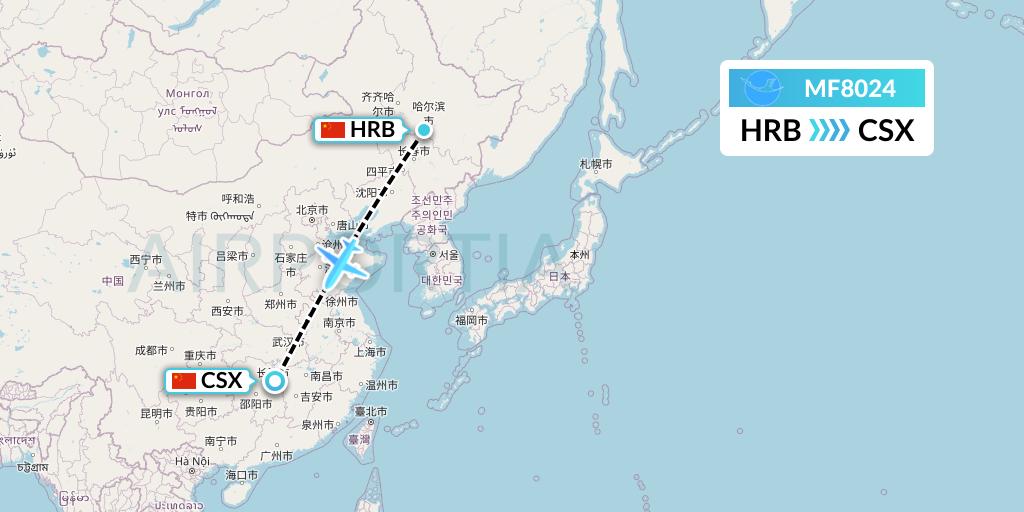 MF8024 Xiamen Airlines Flight Map: Harbin to Changsha