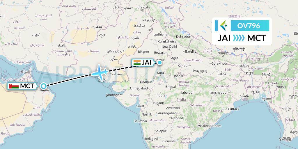 OV796 SalamAir Flight Map: Jaipur to Muscat