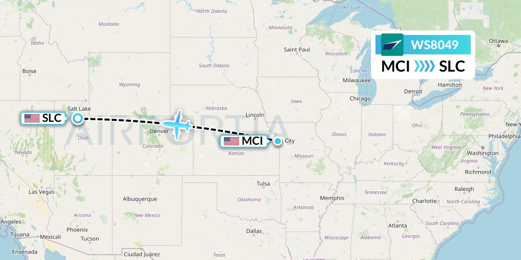 WS8049 WestJet Flight Map: Kansas City to Salt Lake City