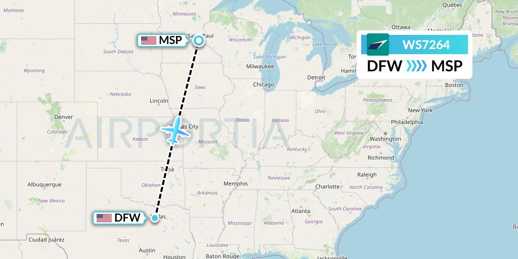 WS7264 WestJet Flight Map: Dallas to Minneapolis