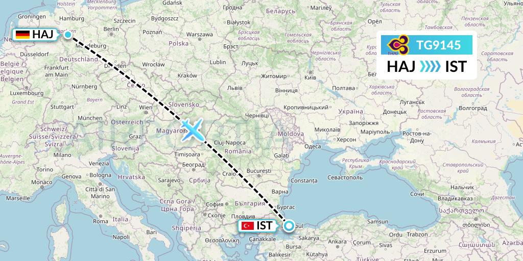 TG9145 Thai Airways Flight Map: Hannover to Istanbul