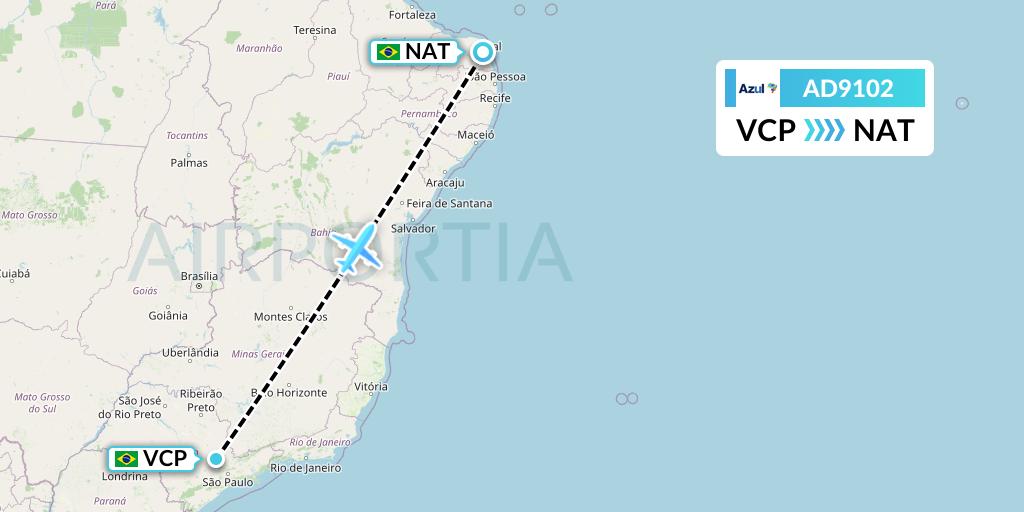 AD9102 Azul Brazilian Airlines Flight Map: Campinas to Natal