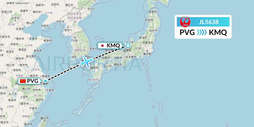 JL5638 Japan Airlines Flight Map: Shanghai to Komatsu