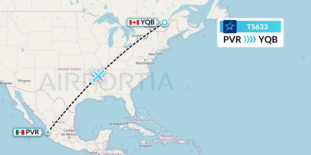 TS633 Air Transat Flight Map: Puerto Vallarta to Quebec