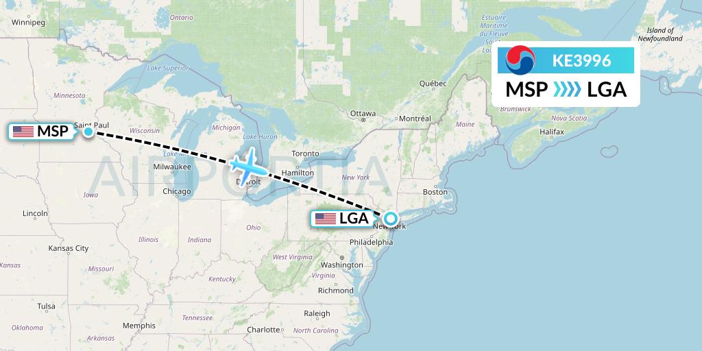 KE3996 Korean Air Flight Map: Minneapolis to New York