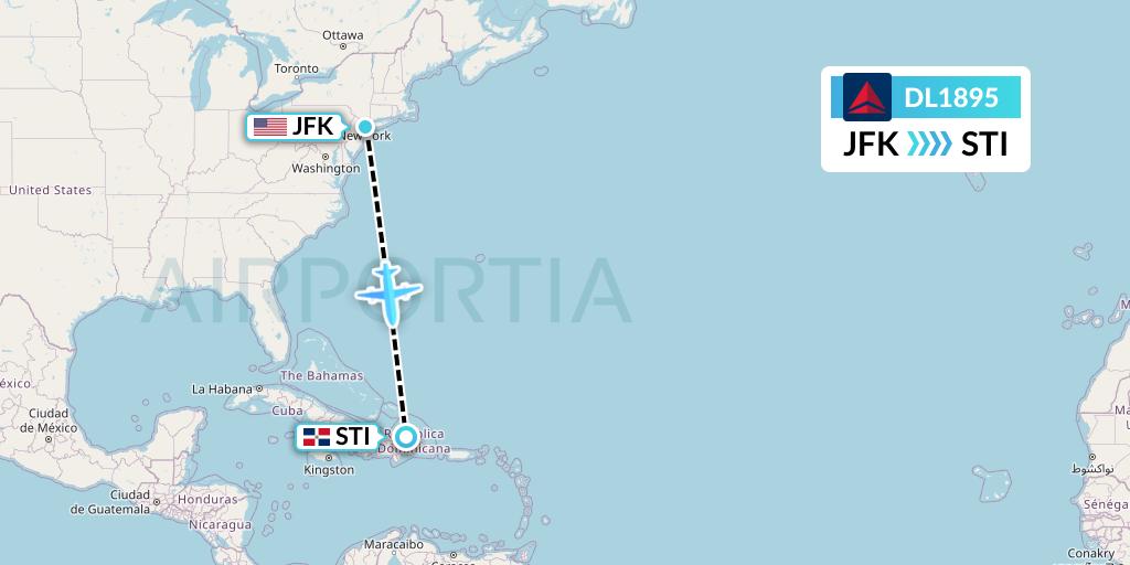 DL1895 Delta Air Lines Flight Map: New York to Santiago de los Caballeros
