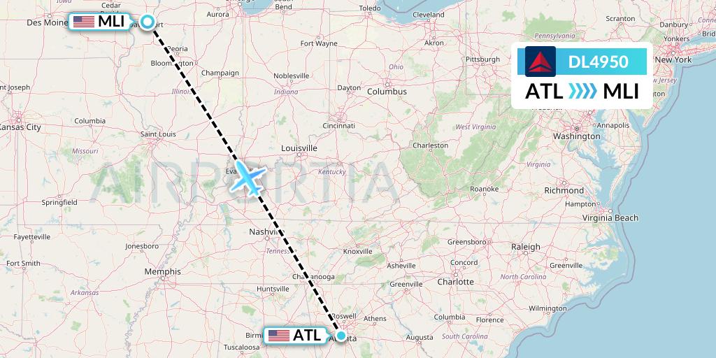 DL4950 Delta Air Lines Flight Map: Atlanta to Moline