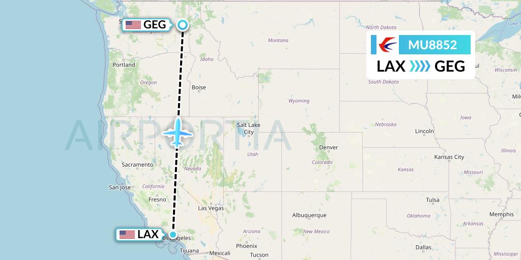 MU8852 China Eastern Airlines Flight Map: Los Angeles to Spokane