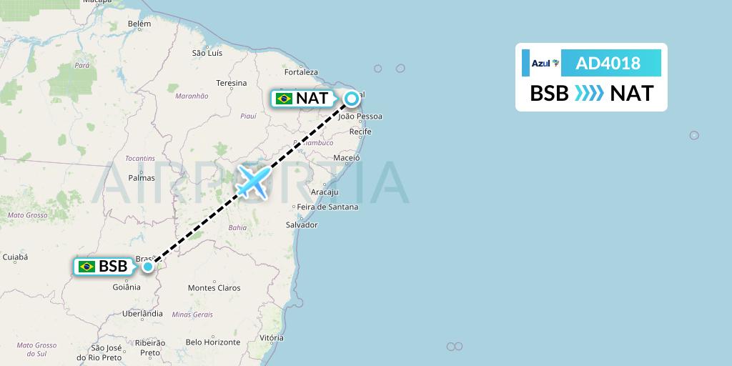 AD4018 Azul Brazilian Airlines Flight Map: Brasilia to Natal