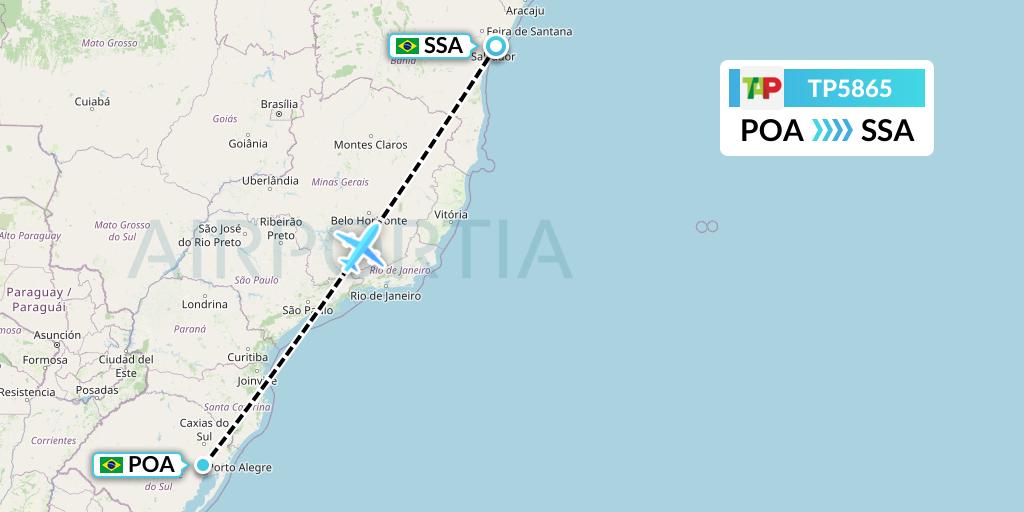 TP5865 TAP Portugal Flight Map: Porto Alegre to Salvador