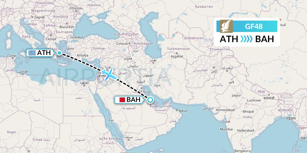 GF48 Gulf Air Flight Map: Athens to Bahrain