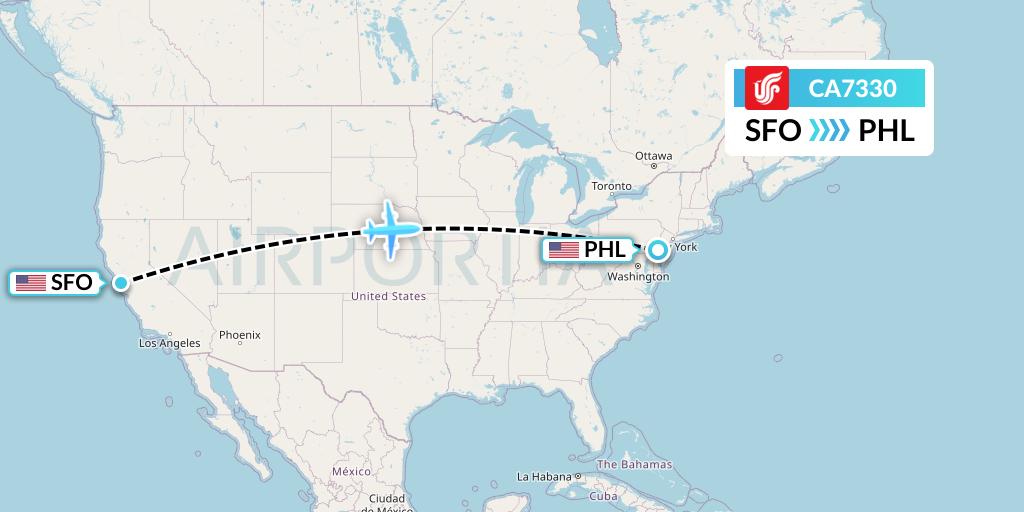 CA7330 Air China Flight Map: San Francisco to Philadelphia