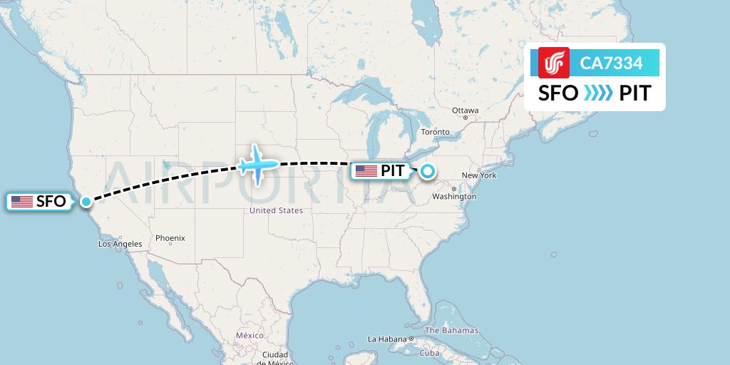 CA7334 Air China Flight Map: San Francisco to Pittsburgh