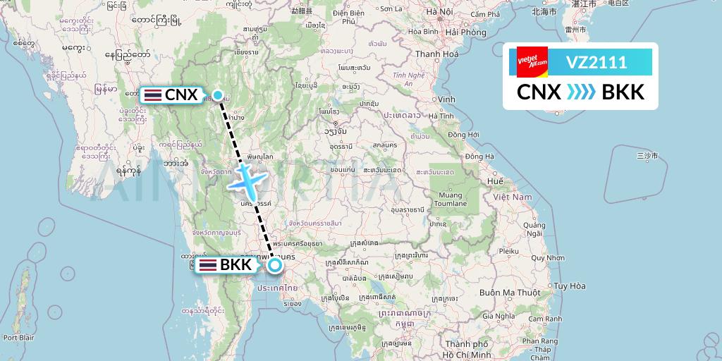 VZ2111 Thai Vietjet Air Flight Map: Chiang Mai to Bangkok