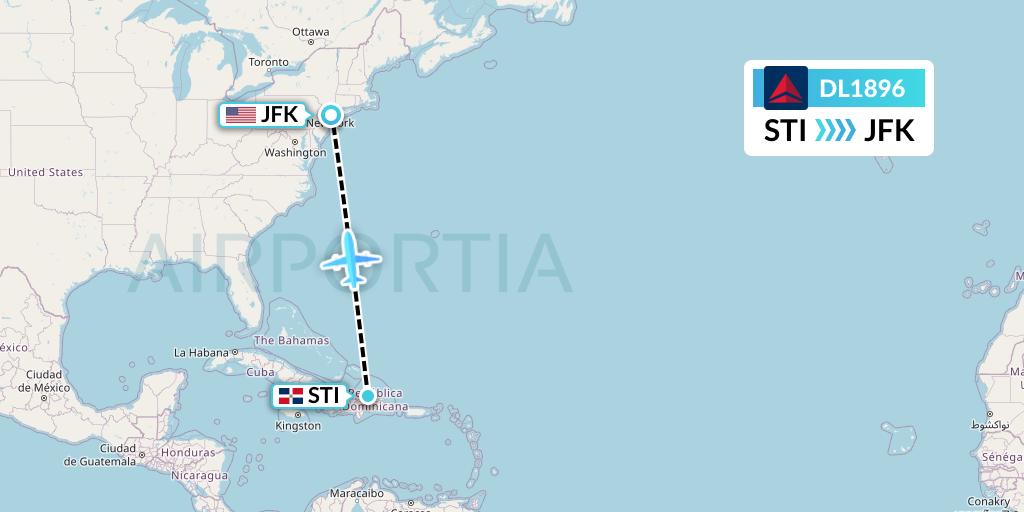 DL1896 Delta Air Lines Flight Map: Santiago de los Caballeros to New York