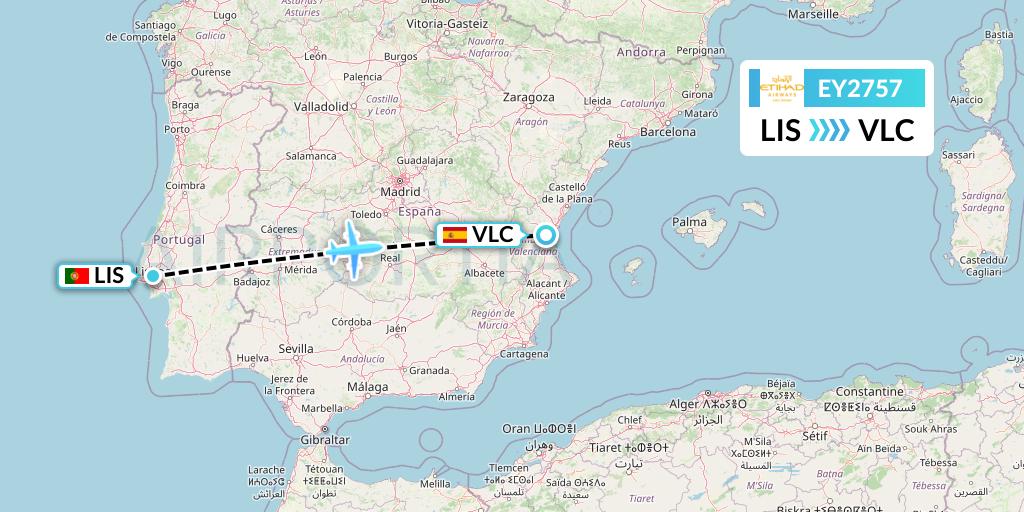 EY2757 Etihad Airways Flight Map: Lisbon to Valencia
