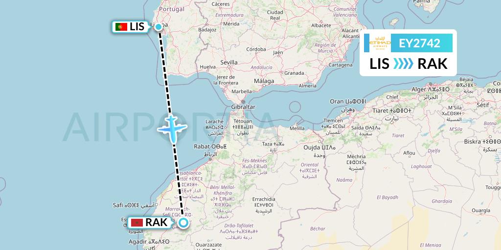 EY2742 Etihad Airways Flight Map: Lisbon to Marrakesh