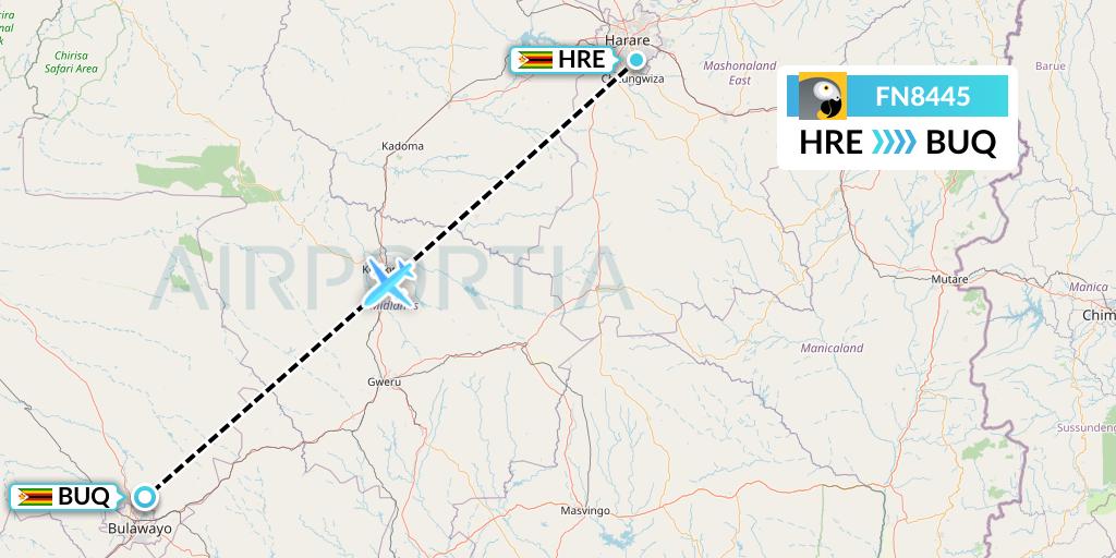 FN8445 Fastjet Flight Map: Harare to Bulawayo