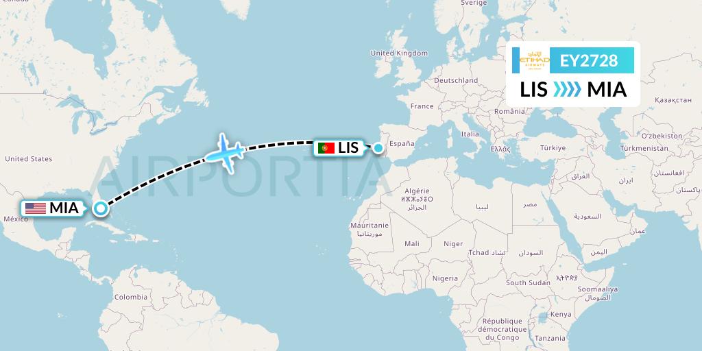 EY2728 Etihad Airways Flight Map: Lisbon to Miami