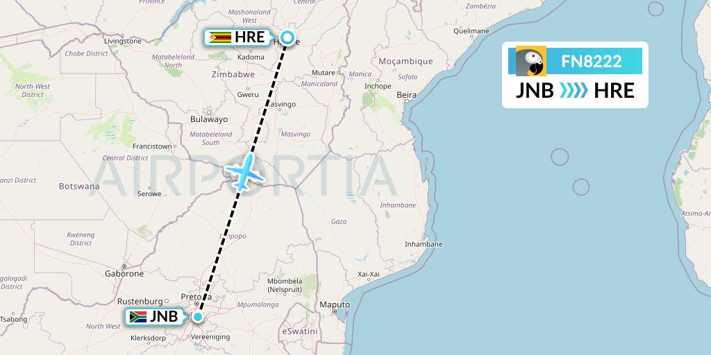 FN8222 Fastjet Flight Map: Johannesburg to Harare