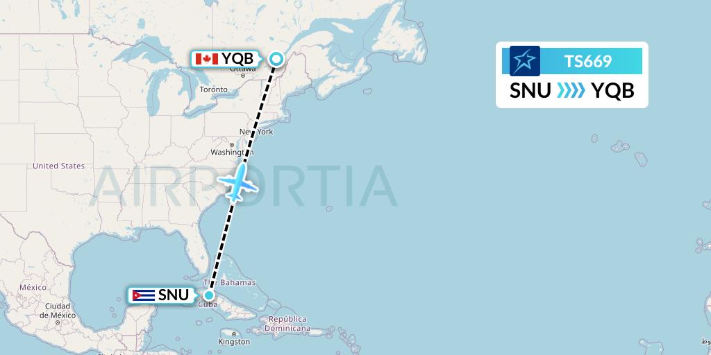 TS669 Air Transat Flight Map: Santa Clara to Quebec