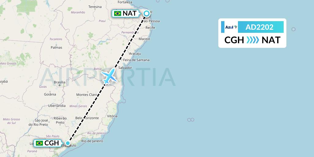AD2202 Azul Brazilian Airlines Flight Map: Sao Paulo to Natal