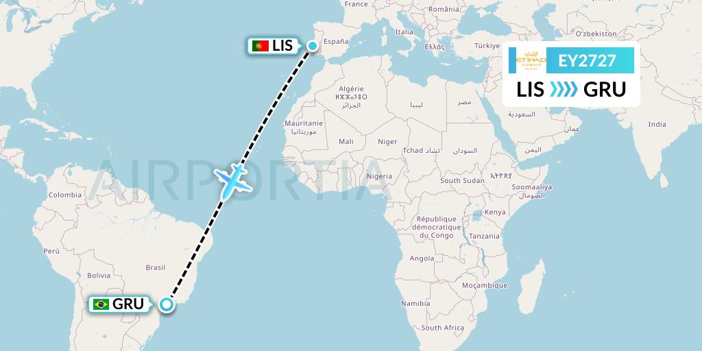 EY2727 Etihad Airways Flight Map: Lisbon to Sao Paulo