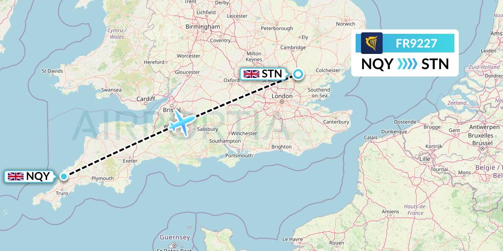 FR9227 Ryanair Flight Map: Newquay to London