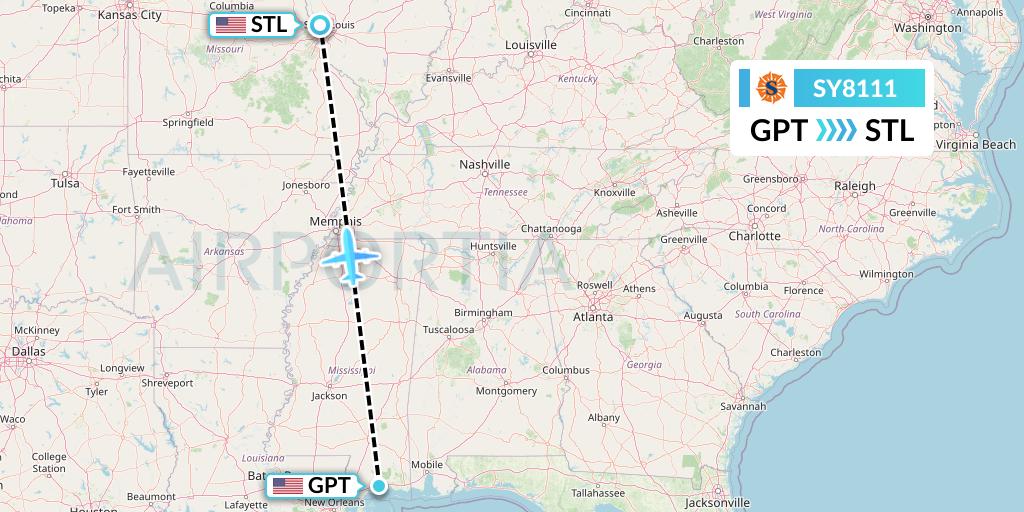 SY8111 Sun Country Airlines Flight Map: Gulfport to St. Louis
