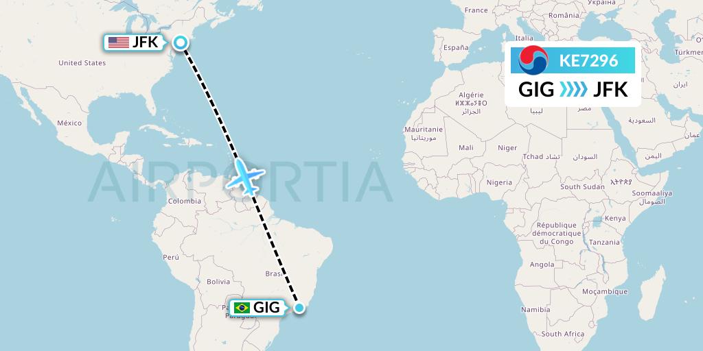 KE7296 Korean Air Flight Map: Rio de Janeiro to New York