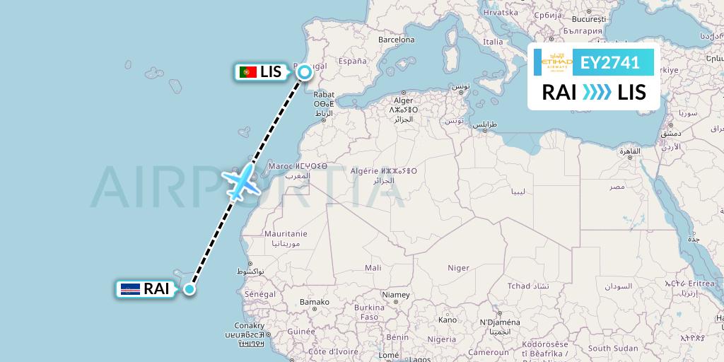 EY2741 Etihad Airways Flight Map: Praia to Lisbon
