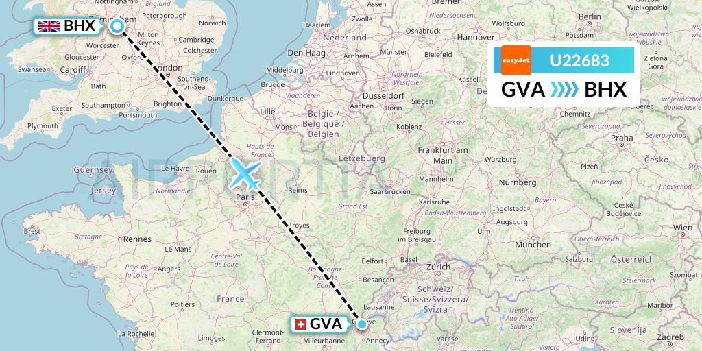 U22683 EasyJet Flight Map: Geneva to Birmingham