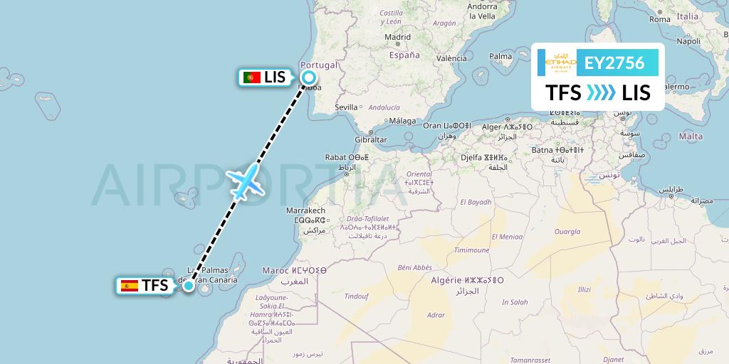 EY2756 Etihad Airways Flight Map: Tenerife to Lisbon