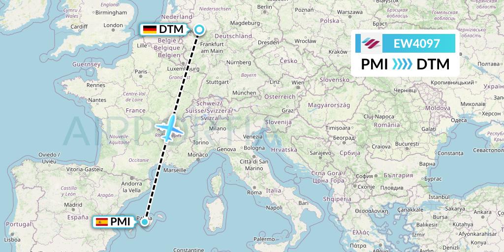 EW4097 Eurowings Flight Map: Palma de Mallorca to Dortmund