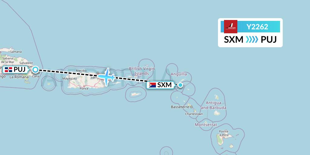 Y2262 Air Century Flight Map: Sint Maarten to Punta Cana