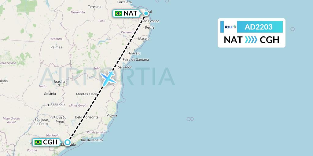 AD2203 Azul Brazilian Airlines Flight Map: Natal to Sao Paulo