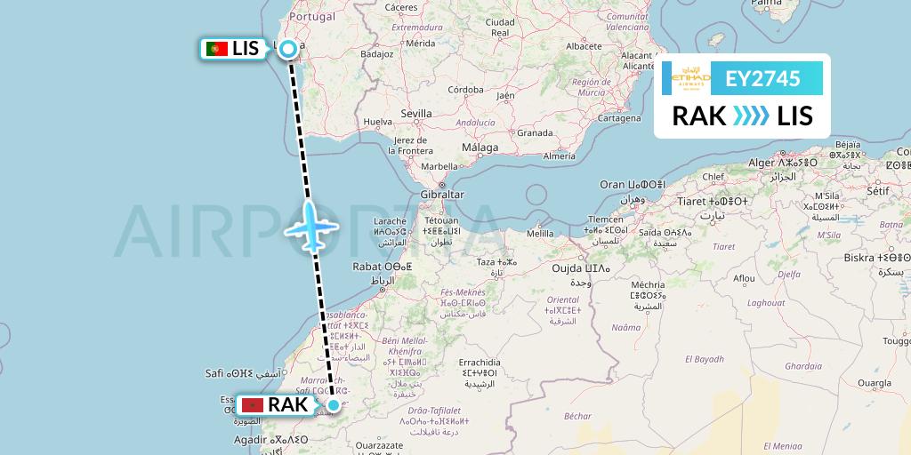 EY2745 Etihad Airways Flight Map: Marrakesh to Lisbon