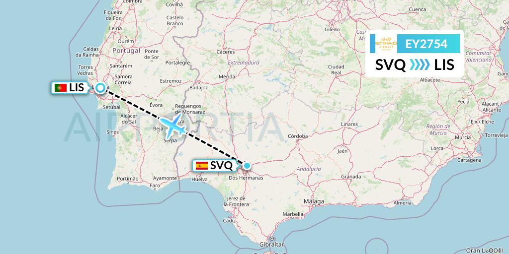 EY2754 Etihad Airways Flight Map: Seville to Lisbon