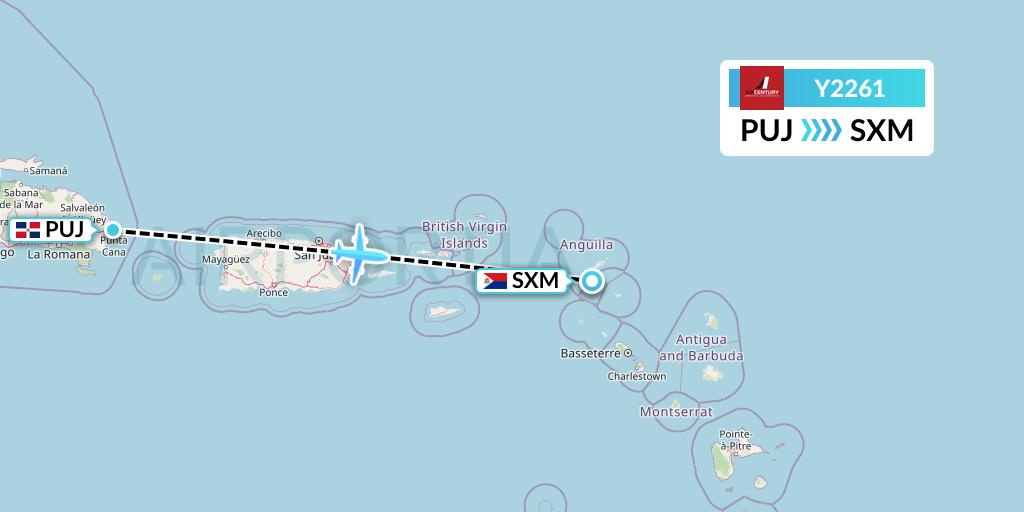 Y2261 Air Century Flight Map: Punta Cana to Sint Maarten