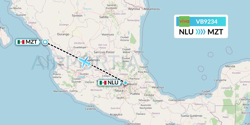 VB9234 VivaAerobus Flight Map: Reyes Acozac to Mazatlan