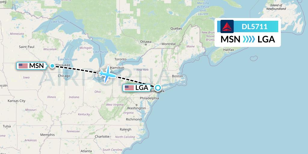 DL5711 Delta Air Lines Flight Map: Madison to New York