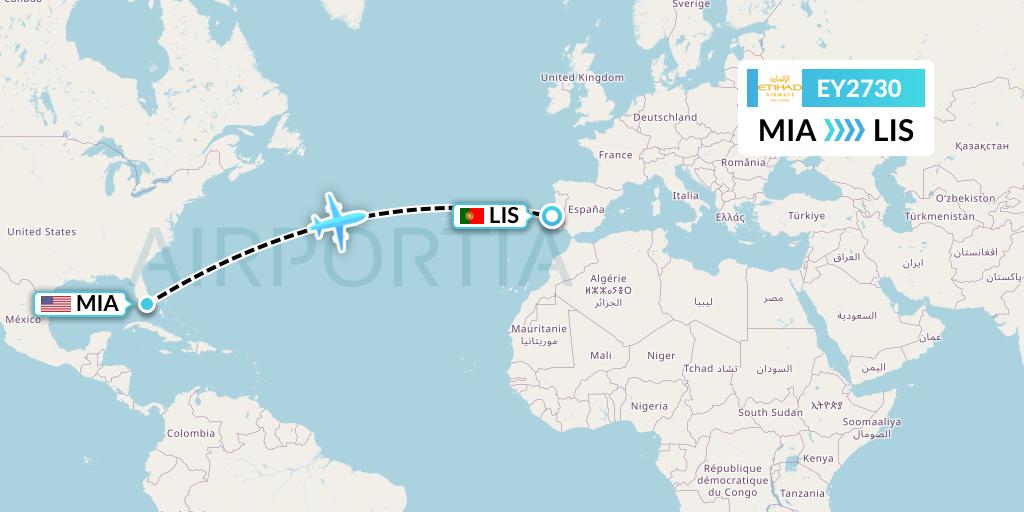 EY2730 Etihad Airways Flight Map: Miami to Lisbon