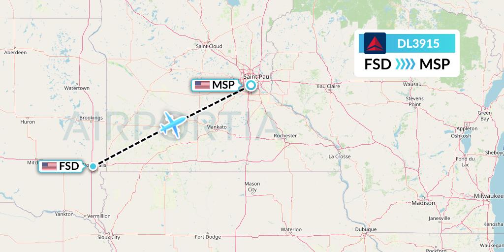 DL3915 Delta Air Lines Flight Map: Sioux Falls to Minneapolis