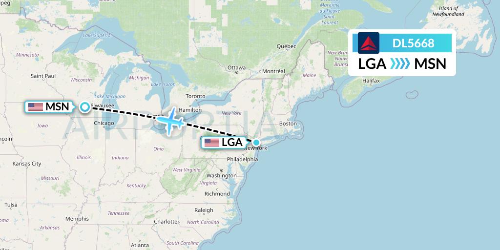 DL5668 Delta Air Lines Flight Map: New York to Madison