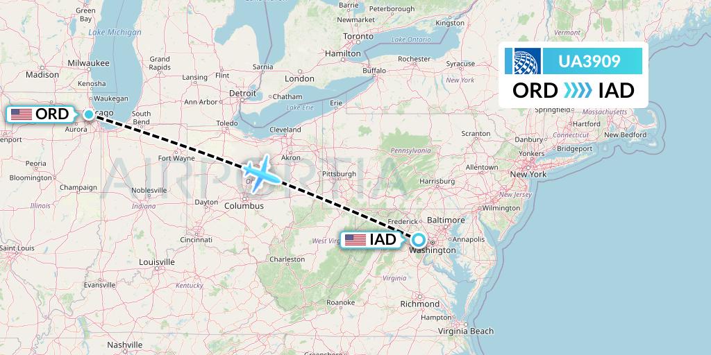 UA3909 United Airlines Flight Map: Chicago to Washington