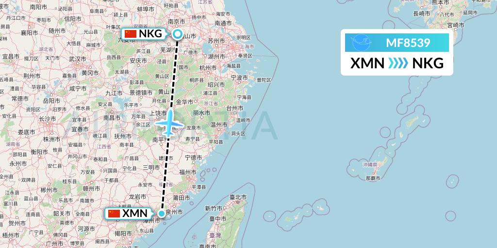 MF8539 Xiamen Airlines Flight Map: Xiamen to Nanjing