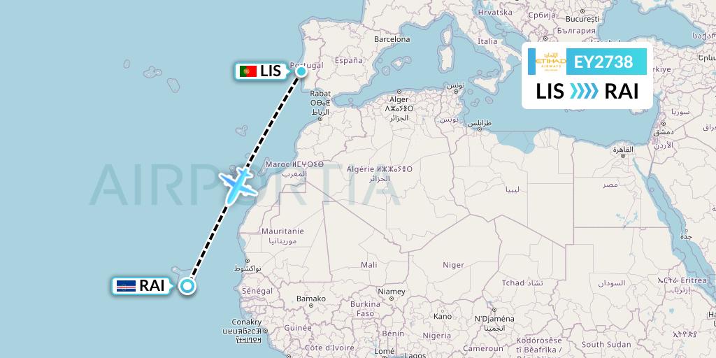 EY2738 Etihad Airways Flight Map: Lisbon to Praia