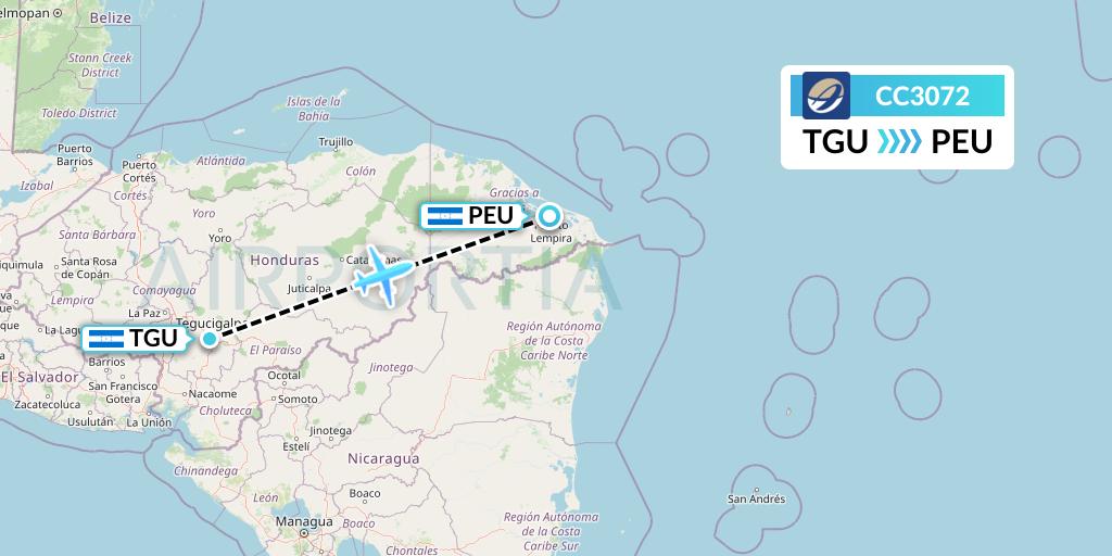 CC3072 CM Airlines Flight Map: Tegucigalpa to Puerto Lempira